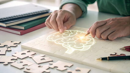 Mental health awareness in work with cognitive function concept. close up of hands assembling a glowing brain puzzle