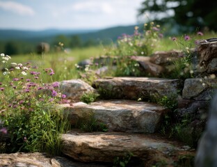 Rustic stone steps ascend a hillside, wildflowers blooming at their base, a sunlit pastoral scene with distant mountains