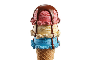 A stack of three scoops of ice cream in a waffle cone with dripping chocolate sauce isolated on transparent background