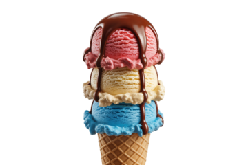 A stack of three scoops of ice cream in a waffle cone with dripping chocolate sauce isolated on transparent background