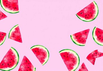 Soft pink background with a seamless watercolor watermelon pattern, illustration, summertime