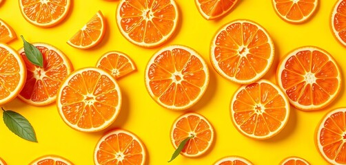 Vibrant seamless pattern of juicy orange slices on a sunny yellow background,  element,  sunny