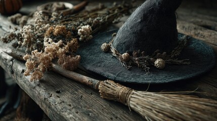 Witch's hat and broom on rustic wood