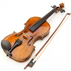 Violin with Bow Isolated on White Background, Polished Wood Finish and Intricate Details