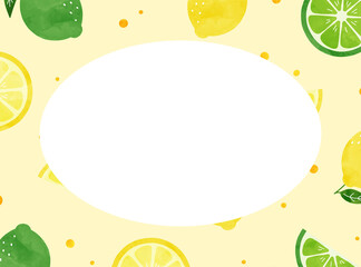 水彩で描いたレモンとライムの楕円形フレーム  クリームイエロー
