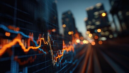 A nighttime cityscape blurred in the background, overlaid by a glowing, dynamic stock market graph displayed on a screen in the foreground