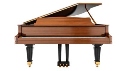 Grand Piano with Open Lid, Rich Mahogany Finish and Elegant Black Legs on Transparent Background