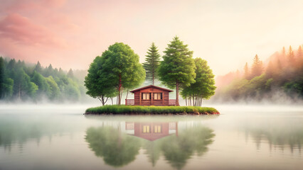 Mental health awareness in work with cognitive function concept. floating island with a tiny home representing a peaceful atmosphere.