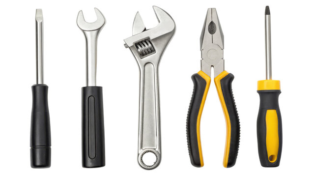 Essential Hand Tools Kit, Screwdrivers, Wrenches, and Pliers on white background