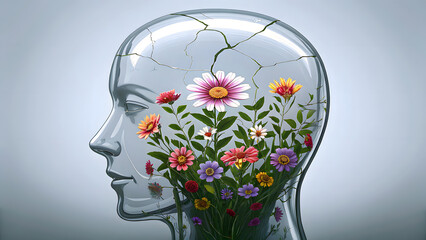 Mental health awareness in work with cognitive function concept. glass head filled with flowers and light cracks skull.