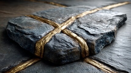 Background showing interlocking gold rhombuses aligned diagonally, casting soft metallic reflections over a slate-black base