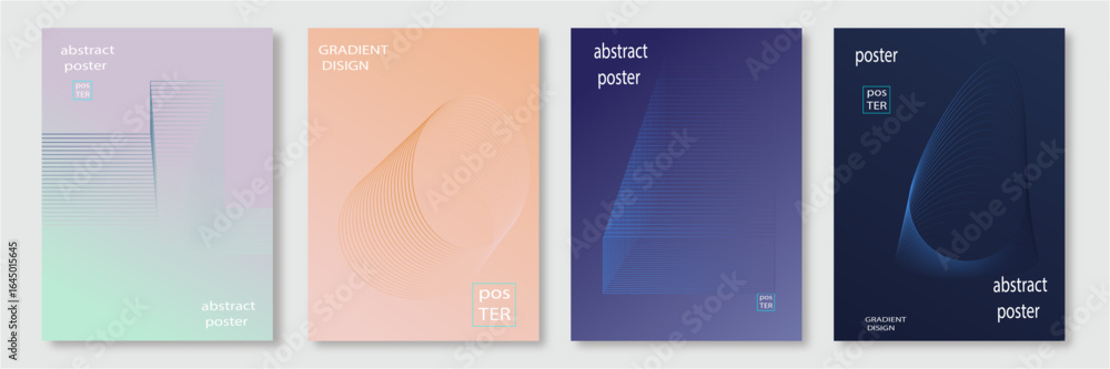 Poster abstract line wave gradient poster background vector set. minimalist cover template with vibrant per