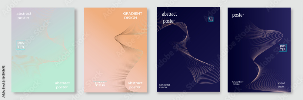 Poster abstract line wave gradient poster background vector set. minimalist cover template with vibrant per