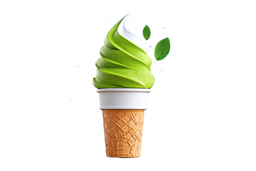 Green Matcha Ice Cream Cone with Leaves on Transparent Background