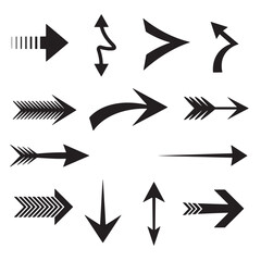 Collection of modern black arrow icons in various directions and designs on white background