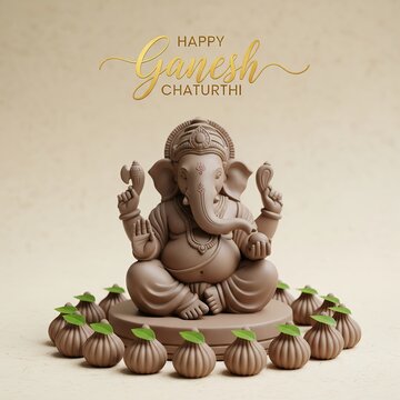 Happy Ganesh Chaturthi 2025 minimalistic poster with festive themed elements