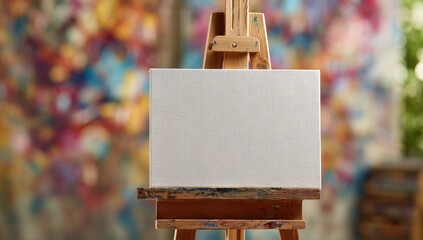 Obraz premium A blank canvas rests on a wooden easel, positioned before a blurred backdrop of vibrant, multicolored abstract art