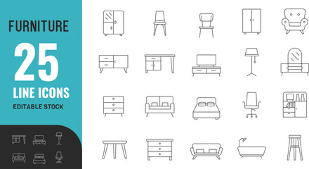 Furniture line editable icon set. Decor , home, interior, office, kitchen, chair, table, sofa, lamp, bed, armchair, desk. vector illustration.	
