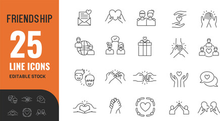 Friendship line editable icon set. Relationship, connection, support, help, care, trust, loyalty, happy, fun, social, community, diverse, group, team. Vector illustration.	
