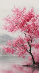 A vibrant pink tree blossoms near a serene, misty lake, its reflection subtly mirrored in the still water, mountains softly sketched in the background