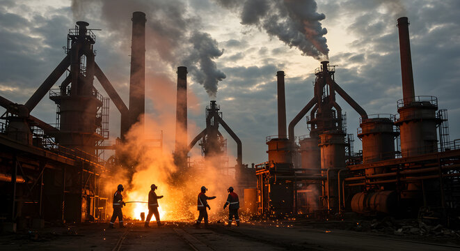 Steelworks at Dusk: Industrial Might and Fiery Forges