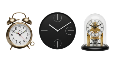 Vintage brass twin-bell, sleek modern, and intricate skeleton clocks displayed side-by-side on a transparent studio background with shadowless lighting and macro detail, a concept of time and