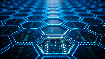 Obraz premium Stunning digital network of glowing blue hexagons and circuits representing futuristic technology and data flow.