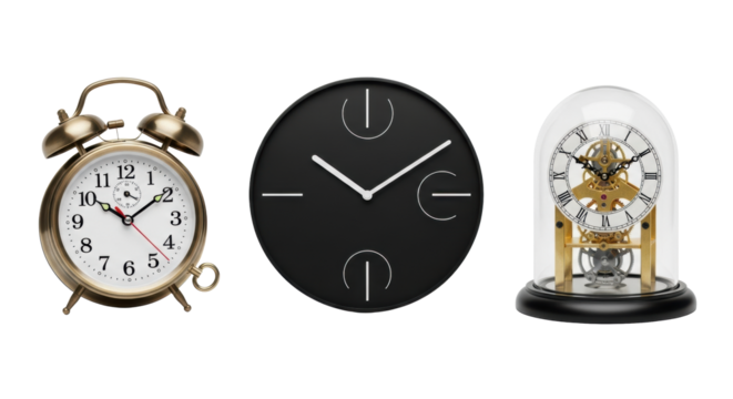 Vintage brass twin-bell, sleek modern, and intricate skeleton clocks displayed side-by-side on a transparent studio background with shadowless lighting and macro detail, a concept of time and - Powered by Adobe