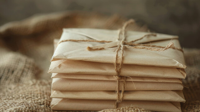 Stack of vintage brown paper packages tied with twine on a burlap background