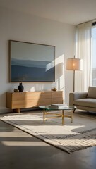 Modern living room interior with sofa, coffee table, and artwork
