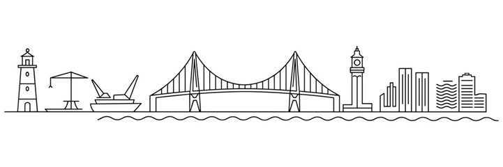 Fototapeta premium Coastal City Skyline with Lighthouse Bridge and Harbor Crane cityscape urban