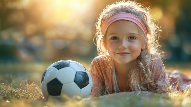 A girl in a pink headband and sporty outfit lying next to a soccer ball on a sunlit field. Relaxed yet active, youthful energy. - Powered by Adobe