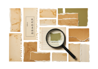 Vintage & antique ripped paper scraps, beige, brown, olive green, with faded Asian characters & lined paper. Black magnifying glass on green scrap. transparent background, top-down studio shot,