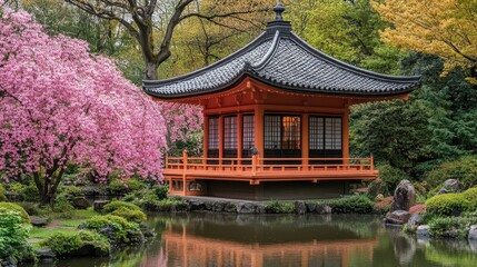 Naklejka premium Traditional Japanese architecture set against a backdrop of vibrant pink cherry blossoms. Cultural elegance, tranquil garden.