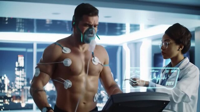 Shirtless muscular man running on treadmill with electrodes and oxygen mask, monitored by woman doctor in modern lab, futuristic health fitness assessment, intense focus, determined, night city view
