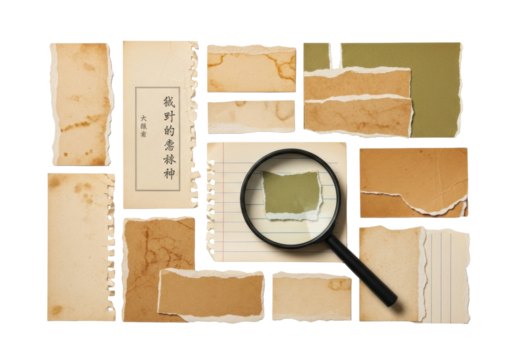 Vintage & antique ripped paper scraps, beige, brown, olive green, with faded Asian characters & lined paper. Black magnifying glass on green scrap. transparent background, top-down studio shot,