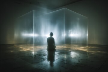 Limitation idea: someone trapped behind transparent walls blocking creativity and promise, lit dramatically.