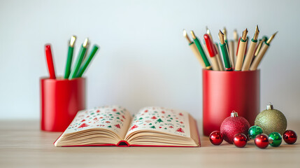 Fototapeta premium Christmas-themed desk setup with colorful pens, an open notebook, and festive ornaments
