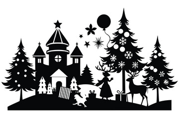Silhouette shows Christmas with castle, presents, reindeer, a girl, and trees on white