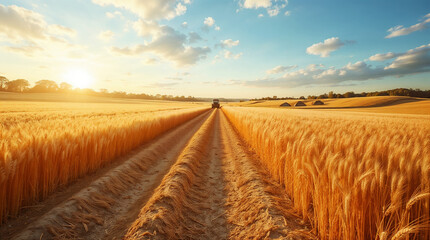 Fototapeta premium A golden wheat field during harvest time in the rays of the setting sun.