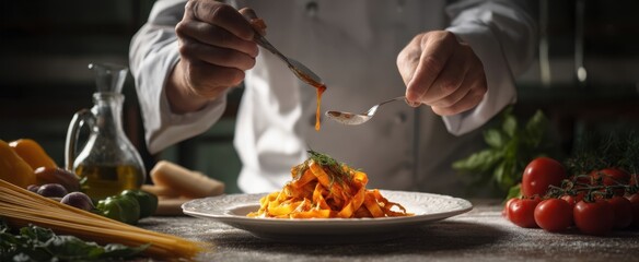 The Chef Carefully Garnishes a Plate of Freshly Made Pasta.