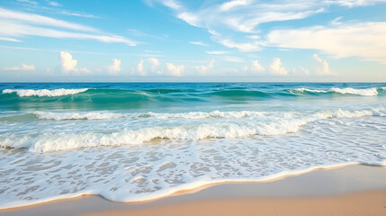 Hello July. Sea waves rolling on beautiful sandy beach. Gentle ocean currents caress a pristine shore a tranquil summer scene unfolds under a vibrant sky offering a serene escape to
