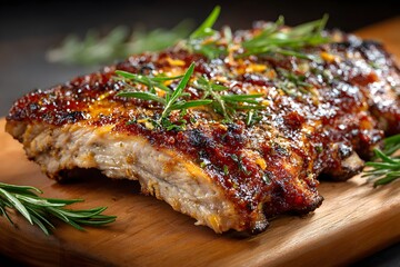 Sparerib with smoky, savory glaze and fresh herbs on rustic wooden board.