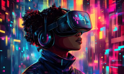 African-American young woman immersed in a 360-degree video experience, wearing a virtual reality headset surrounded by neon lights. The illustration depicts her engagement, Generative AI