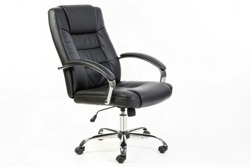 Fototapeta premium Black Leather Office Chair with Chrome Base isolated on White Background