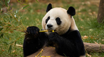 Obraz premium Adorable Giant Panda Enjoying a Bamboo Lunch