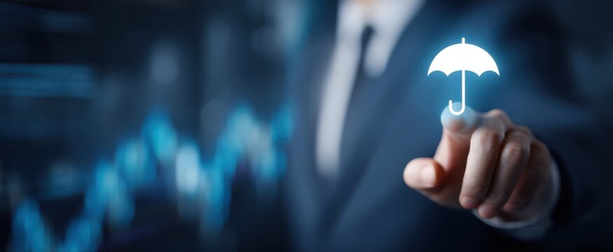 The businessman interacting with a digital umbrella symbolizing protection and innovation. - Powered by Adobe