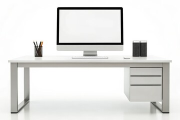 Modern Office Desk Setup with Computer and Accessories on White Background
