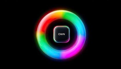 Colorful ring encircles a black square with "OWN" text
