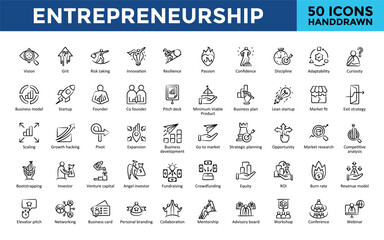 Entrepreneurship icons set with vision, grit, risk taking, innovation, resilience, passion, confidence, discipline, adaptability, curiosity icon. Simple handdrawn vector 
